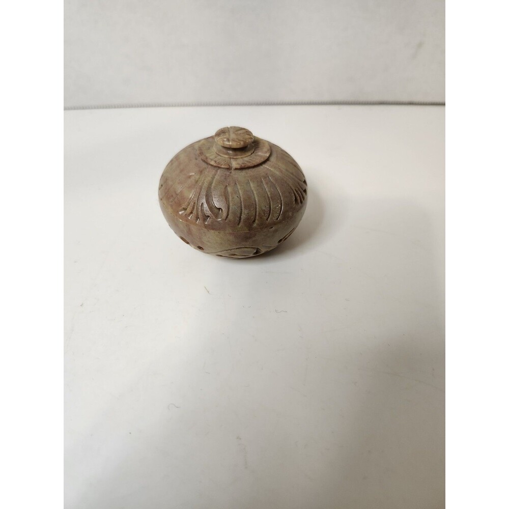 India Hand Carved Soapstone Round Trinket Ring Dish w/Lid